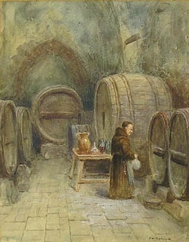 Enl. Liggaren: "Tavla, akvarell, munk i källare med vinfat, sign. F.W. Odelmark, å kartong, förgylld ram"