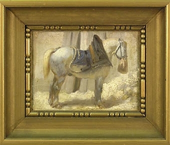 Enligt liggaren: Oljemålning på träpannå. Gråvit häst. Ej signerad. Inramad i mörk guldlist.