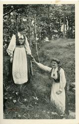 Postkort av to kvinner i nasjonaldrakt.