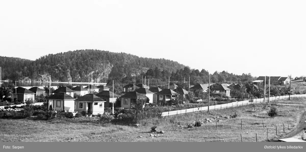 Kolonihagen til Borregaard på Opsund i Sarpsborg. Oversiktsbilde av kolonihagehyttene med Glengshølen i bakgrunnen.