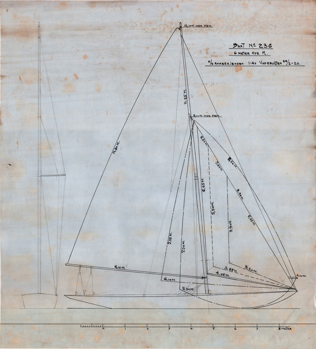 Stående rigg / seiltegning av 6meter R båt 'Jo'. Skala: 1:40