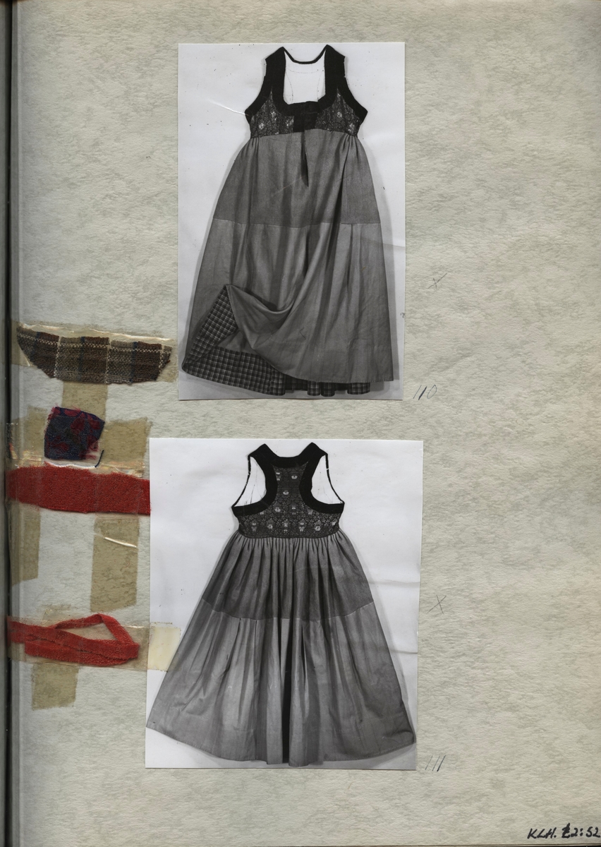 Kartongark med två fotografier och tygprover till kjol (livkjol)