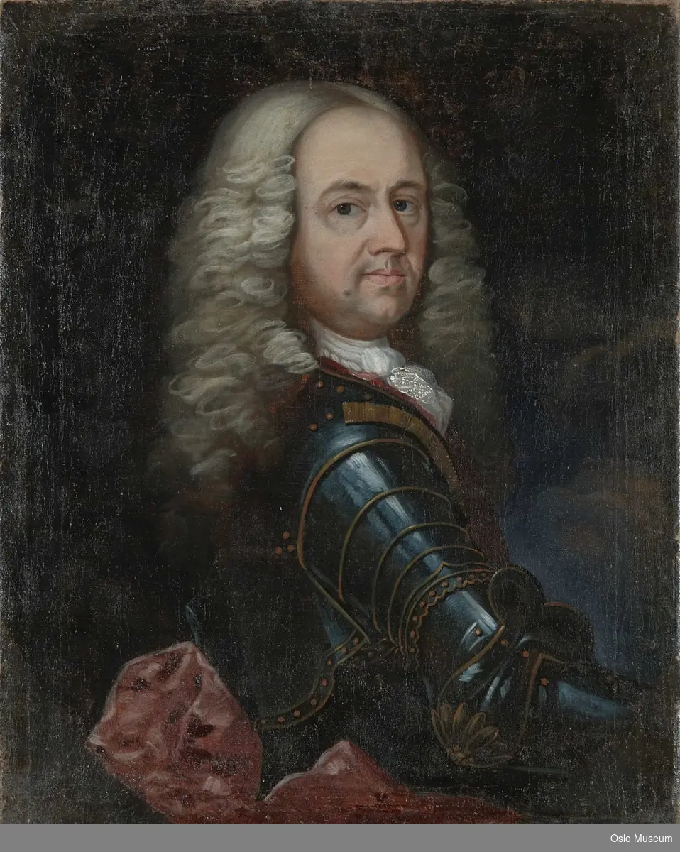 Mann med lang parykk, iført rustning

Far til Karen Bolette Juell. Gift med Christian Juell. F. 1/1-1752 skrevet bak pålerretet. 