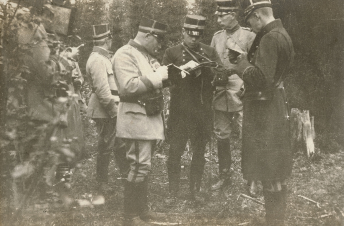 En grupp officerare läser karta i skogen.