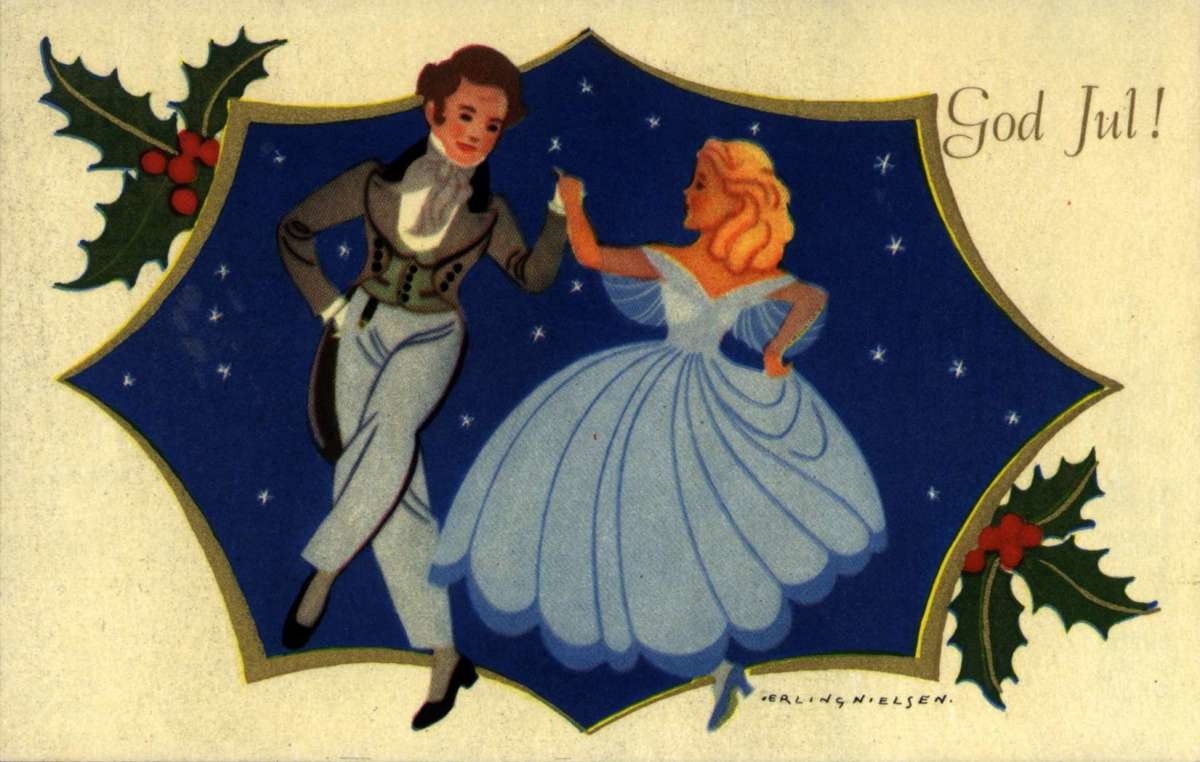 Julekort. Ubrukt. Dansende par. illustrert av Erling Nielsen.