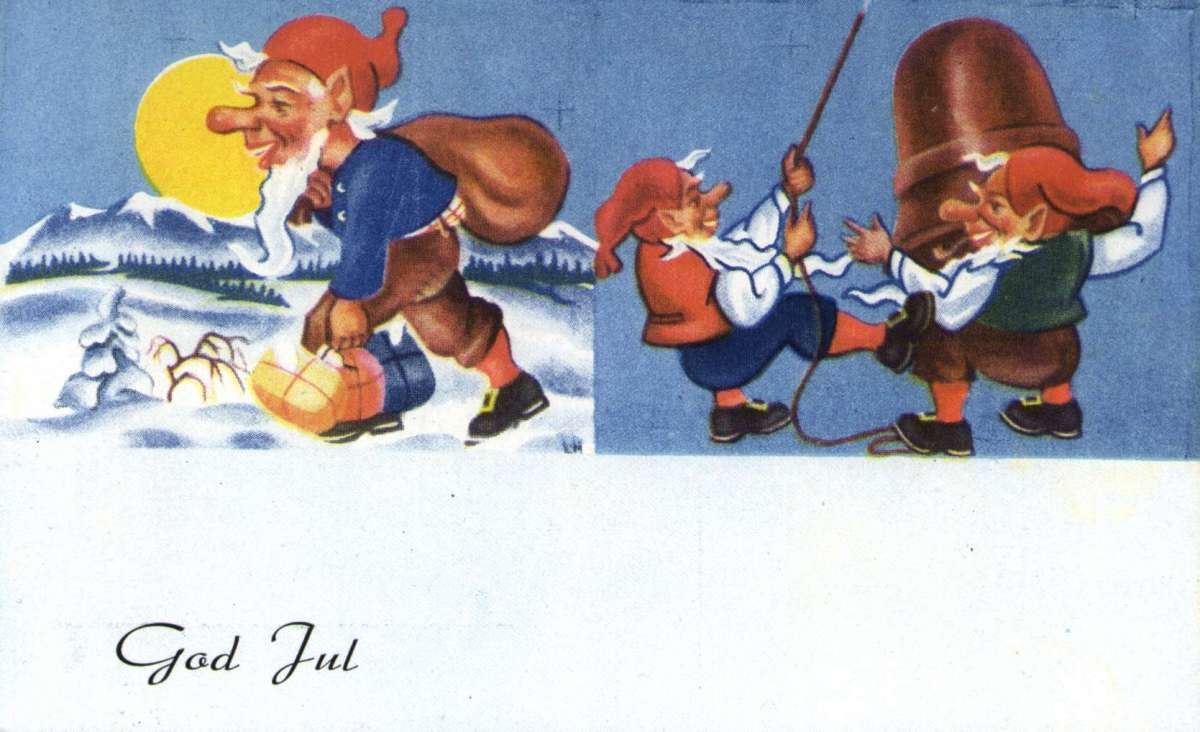Julekort. Ubrukt. Vintermotiv.  Nisser i aktivitet. En bærer sekk med gaver. To andre ringer med julen inn.Kunstner: Henstad, Leif Åge.