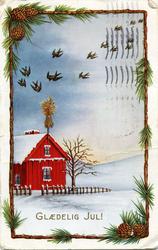 Julekort. Jule- og nyttårshilsen. Vintermotiv. Rødt hus med 