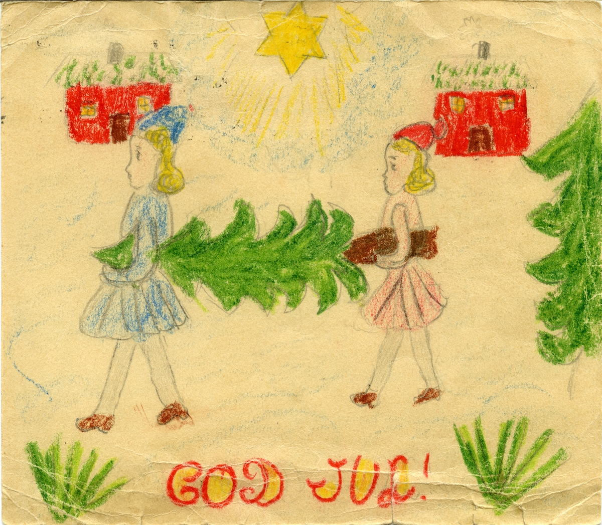 Julekort. Jule- og nyttårshilsen. To piker bærer et juletre foran to hus. Hjemmetegnet. Stemplet 23.12.1941. Wilse-frimerke.