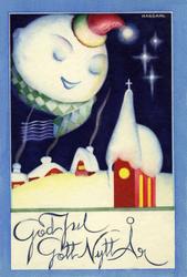 Julekort. Jule- og nyttårshilsen. En måne med hatt og skjerf