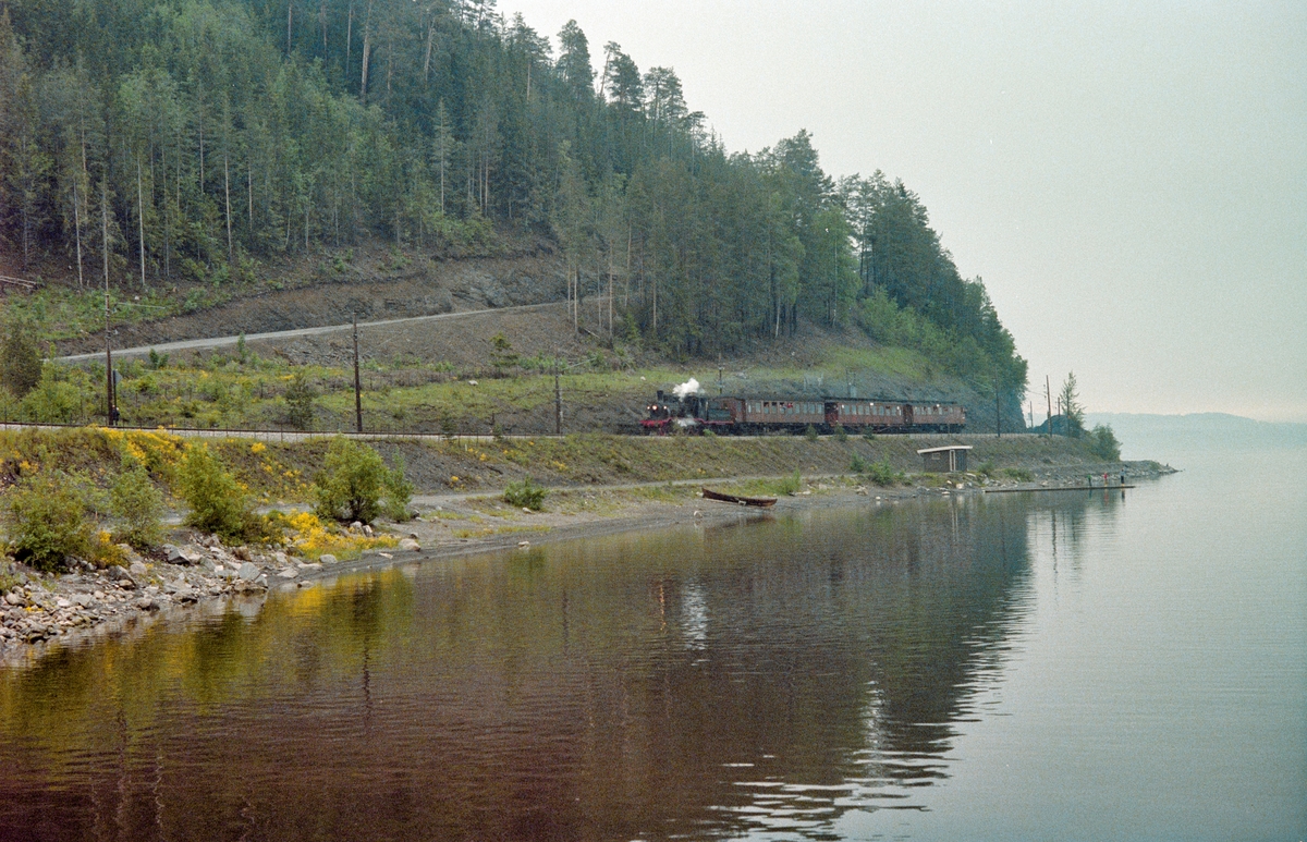 Underveis med veterantog langs Mjøsa mellom Hamar og Jessnes, her ved Furuberget litt nord for Furuberget tunnel. Toget trekkes av damplokomotiv type 21b nr. 252.
