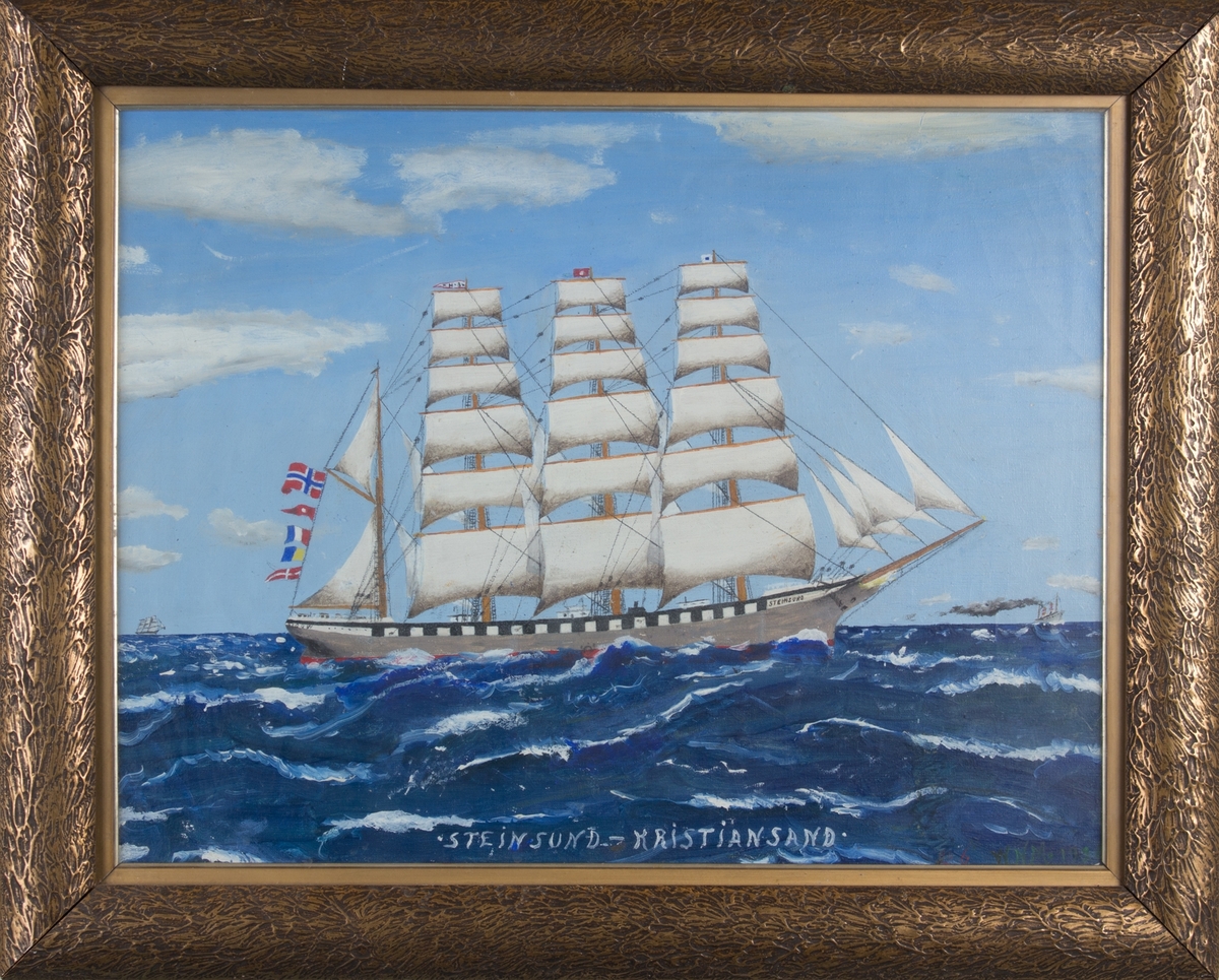 Skipsportrett av bark STEINSUND under fart med full seilføring. Fører norsk flagg akter samt signalflagg. Ser et annet dampskip i høyre side av motivet.