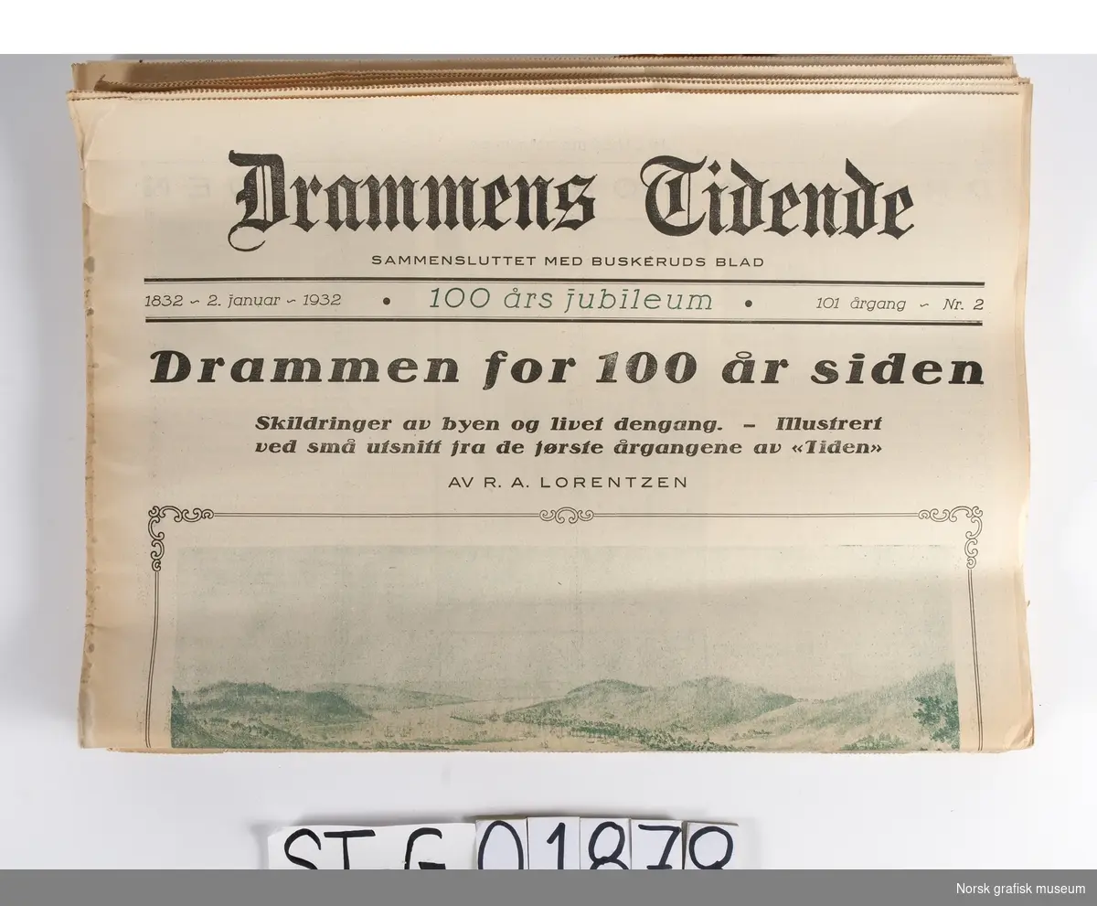 Drammens Tidende: 1832 - 2. januar - 1932.
Utgave fra 1932 da avisen hadde 100-årsjubileum.