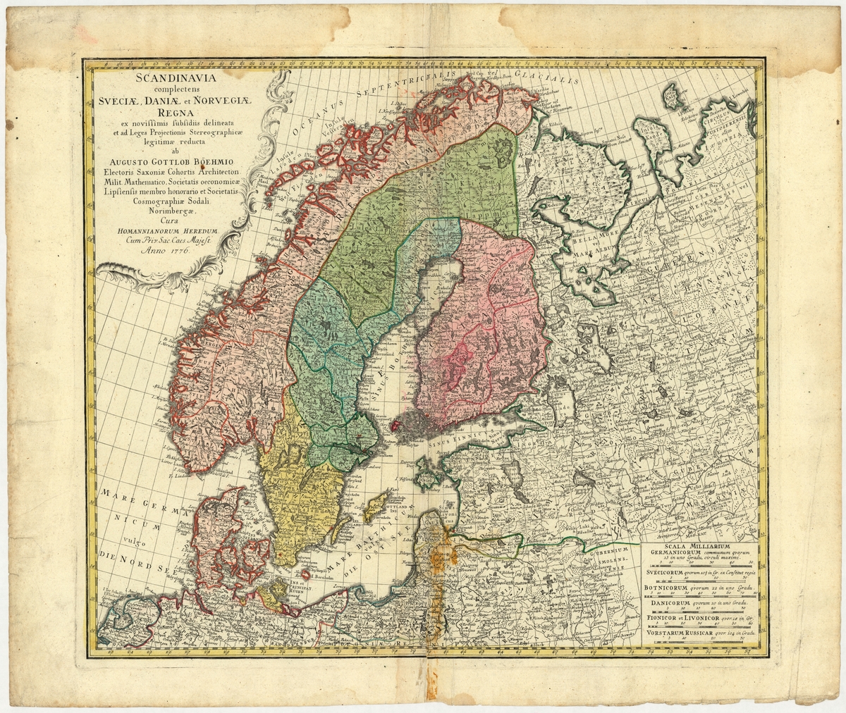 Karta över Skandinavien, med Sverige, Danmark och Norge, graverad, med text på latin, från år 1776.