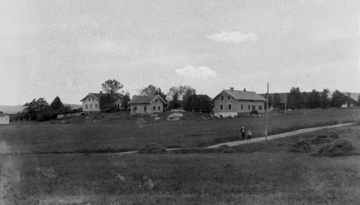 Austvatn i 1905. Fra venstre: Hovedbygningen på Austvatn gård, Sandbergs bakeri og Austvatn Landhandleri. På vegen: landhandler P.O. Diesen og en av hans sønner.