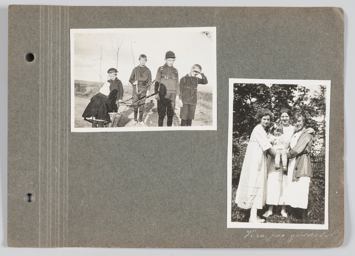 Bilde til venstre: Vera, Arvid og Erling Michelsen med venner i lek på Gamle Strømsvei, Strømmen.
Bilde til høyre: Vera Michelsen på gullstol med to tanter og en venninne.