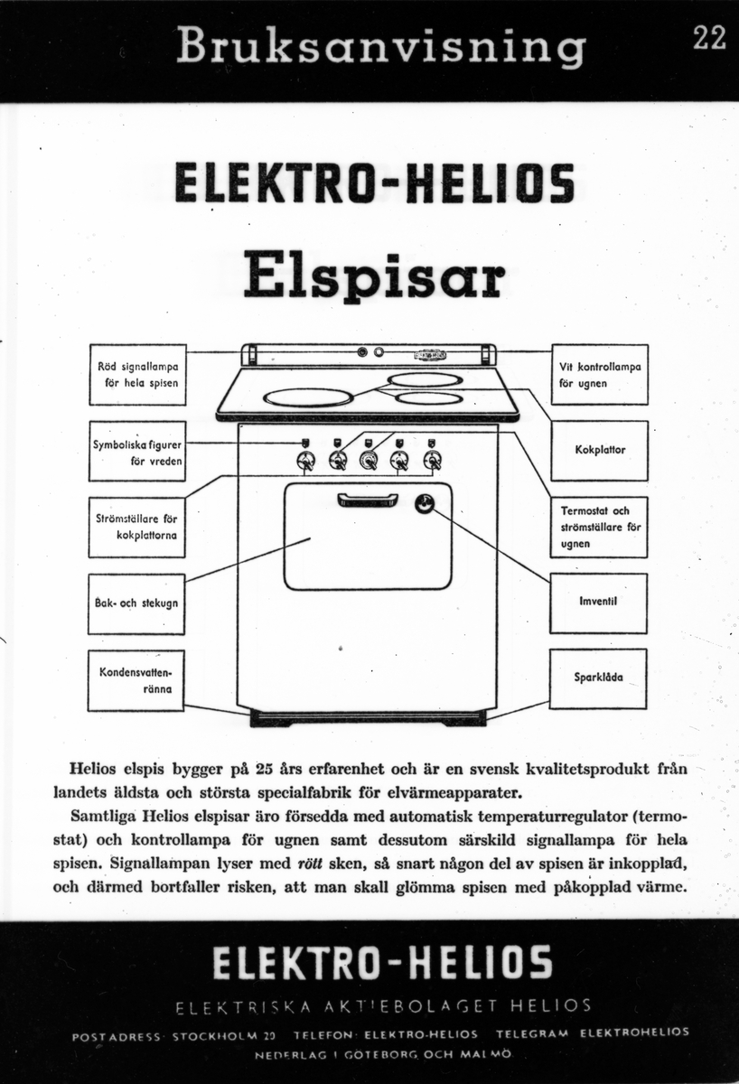 Bruksanvisning till Elektro Helios elspis.