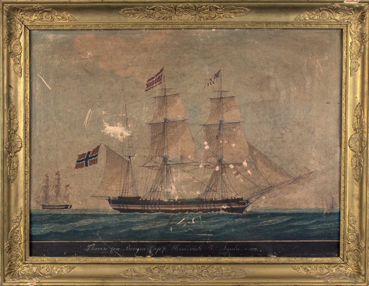 Skipsportrett av bark THERESE med fullseilføring. Mindre versjon av skipet sees til venstre i motivet. Skipet fører hvit flagg med X 666 på fortopp, rent norsk flagg under gaffelen, og navneflagg.