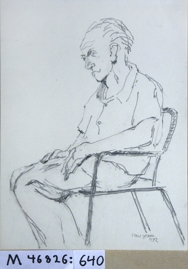 Kolteckning.
Porträtt föreställande man sittande i stol, sedd från sidan.