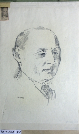 Kolteckning.
Porträtt föreställande lektorn Rickard Sterner, (1891-1956), Göteborg.
Huvud i halvprofil.