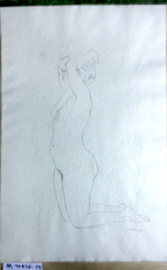Blyertsteckning.
Nakenstudie av kvinna.
Knästående, bortvänd.
Signerad 1954. 


Inskrivet i huvudbok 1985.
Montering/Ram: Ej inramad