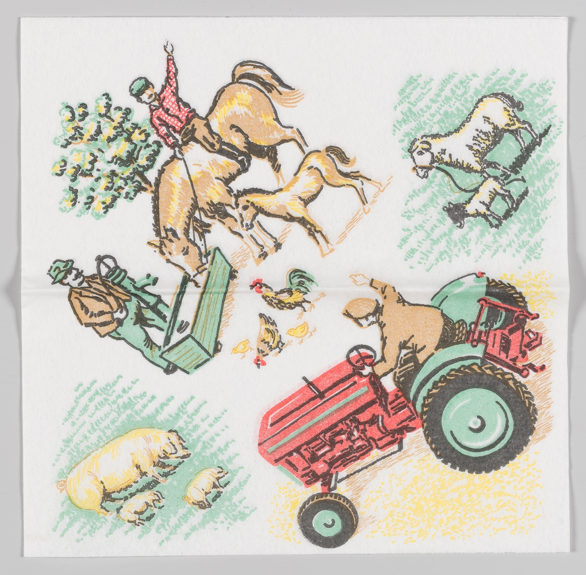 Scener fra en bondegård. En gutt sitter på en hest og ved siden av står et føll. Hester drikker fra et vanntrau. En mann pumper vann opp i vanntrauet til hesten. En hane, en høne og et par kyllinger løper rundt på bakken. Et får står sammen med lammet sitt. En purke går sammen med to grisunger. En mann kjører på en traktor og vinker.