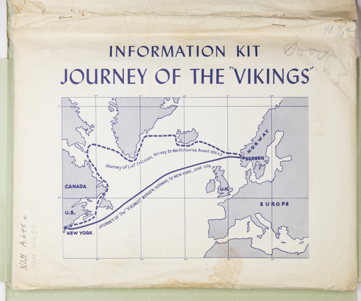Inneholder opplysninger om ferden med "The Vikings" samt fotografier av byggingen av vikingskipsmodellen og mannskapet som seilte den over Atlanteren. I samme mappe: 10 stk forskjellige skipspapirer fra ferden i 1958.
