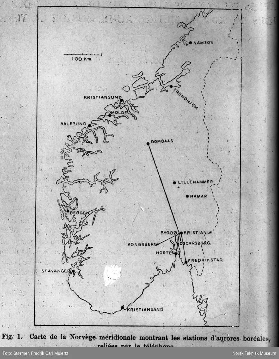 Kart over Sør-Norge, i forbindelse med nordlysforskning