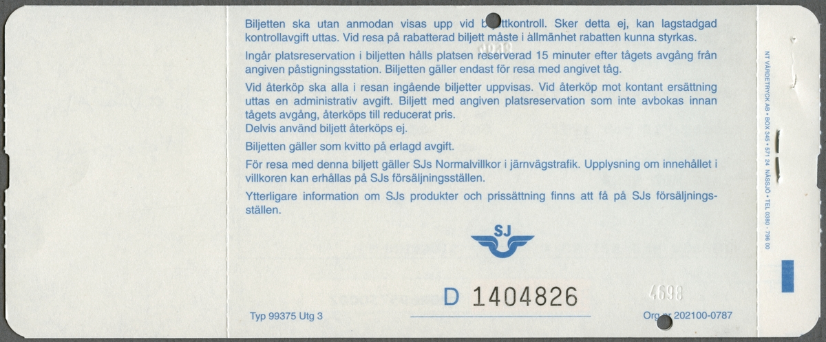 Två ljusblå biljetter som är ihophäftade, där den övre, enkelbiljetten har följande tryckta text:
"SJ PERSONTRAFIK BILJETT
GÄVLE C - STOCKHOLM C BUDGET EKONOMI
Ej avbeställd biljett återköps till 75% av priset
1 vuxen Tågkonto 98385
GÄVLE C - STOCKHOLM C Övr tåg/buss 2 KL
Avg 08.20 Ank 10.15 Tåg 903
Giltig onsdag 12 nov 1997
TJÄNSTE TK pris 125,00 kr varav moms 13,39 kr GÄVLE".
Den andra biljetten, en platsbiljett, med samma utseende har följande text:
"SJ PERSONTRAFIK BILJETT
RESERVATION GÄVLE C - STOCKHOLM C
onsdag 12 nov 1997
tåg 903 avg 08.20 ank. 10.15 vagn 72 platsnummer 85 FÖNSTER RÖKFRITT 2 kl PLATS MED BORD
BIOVAGN MED BISTRO KIRUNA - STOCKHOLM".
Bägge biljetter är mönstrade med SJ's logga, vingarna med initialerna ovanför, samt tryckta med bläck i övre vänstra hörnen. Det finns två hål efter biljettång på vardera biljett. På högra sidorna är biljetterna perforerade och den undre har ett handskrivet personnamn på den avskiljbara delen. På baksidorna finns regler/information för biljetterna.

Historik: Biljetterna Jvm 22019: 1 - 7 tillhör samma resetillfälle tur och retur Gävle - Höör.
