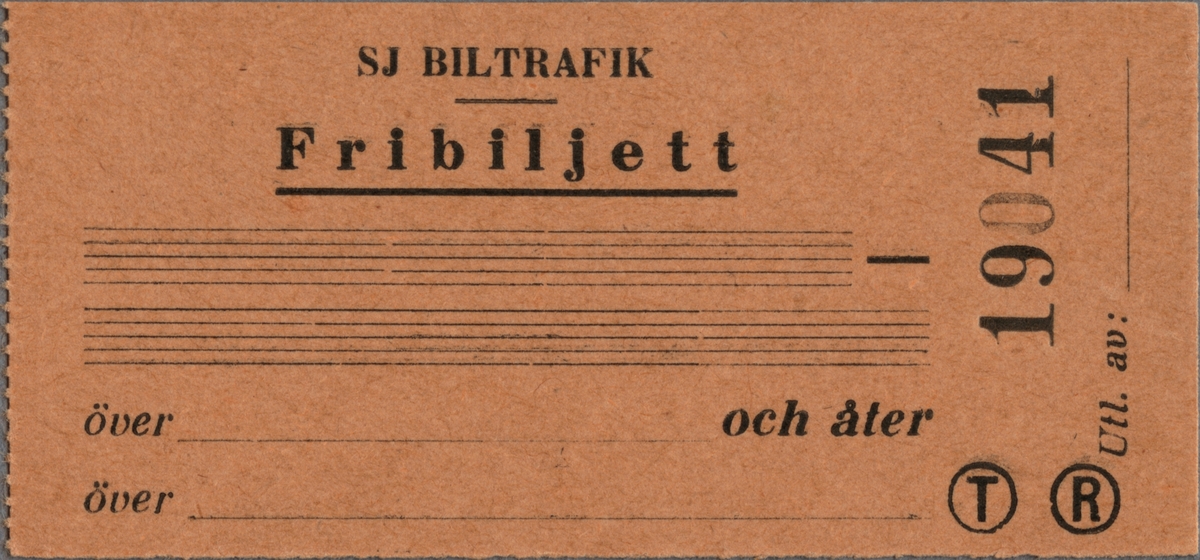 Brun biljett med tryckt text i svart:
"SJ BILTRAFIK Fribiljett", där "Fribiljett" är understruket.
Biljetten har linjerade skrivfält för ifyllnad av färdväg och i nederkant finns ett stort t och r, båda inom cirklar. Till höger, på högkant står biljettnumret och det finns en rad för utlämnaren av biljetten. På vänster sida är biljetten perforerad.
Baksidan har skrivrader för den biljetten gäller för och utlämnarens signatur.