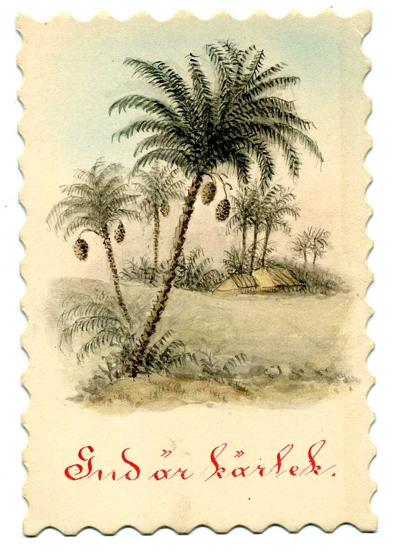 Litet kort med vågad kant runtom, motiv med liknande kokospalm och hyddor samt tryckt text: "Gud är kärlek."
