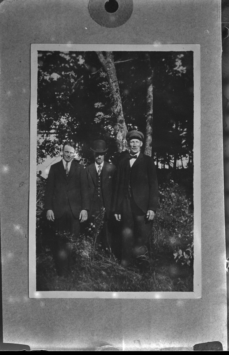 Reprofotografi av bild på tre kostymklädda män vid ett träd. I fotografens egna anteckningar står det "Rep. för Strandberg".