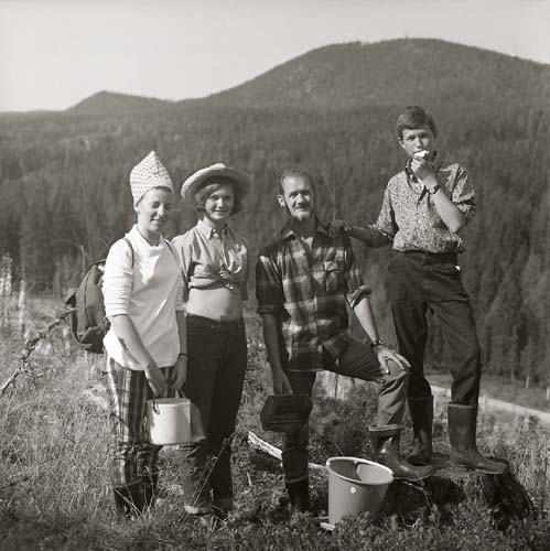 Fyra personer poserar på ett hygge i skogen. De har hinkar med sig, 1966.