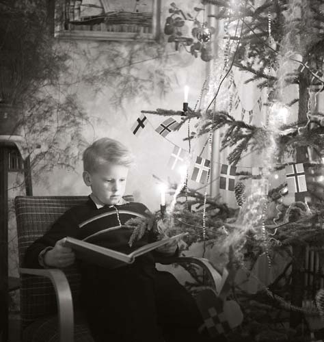 En pojke sitter och läser en bok intill en klädd julgran, 1953.