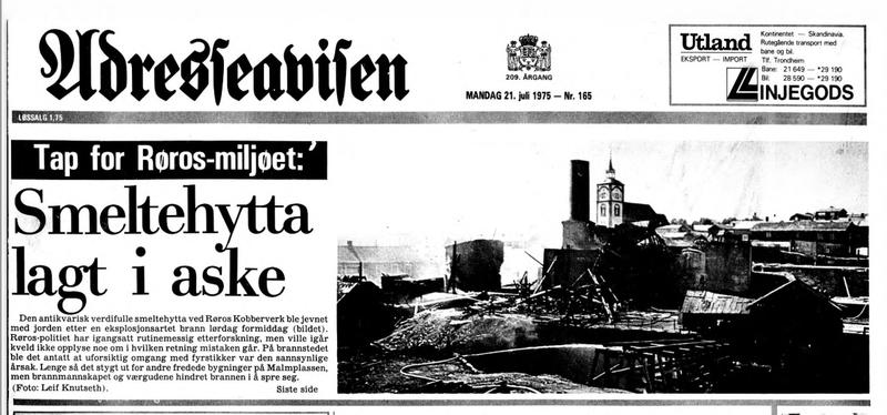 Faksimile av Adresseavisa 21. juli 1975 om brannen i smeltehytta på Røros (Foto/Photo)