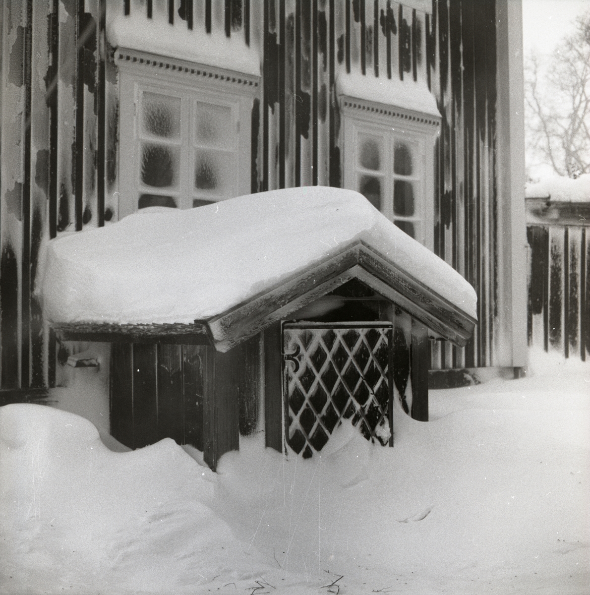 Ett snötäckt hus med jordkällaringång, 1987.
