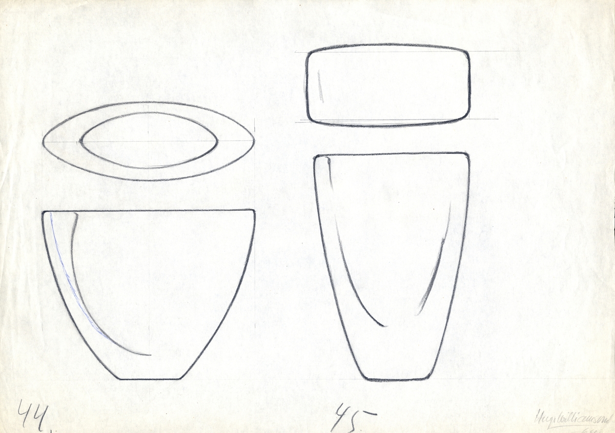 Blyertsteckning.
Föremålsskiss föreställande två glasföremål (en oval skål och en rektangulär vas) med genomskärningar.