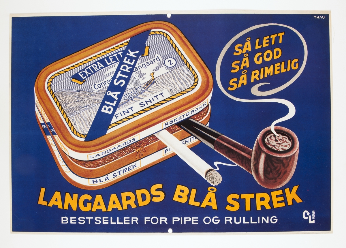 Reklameplakat for Langaards rulletobakk Blå Strek