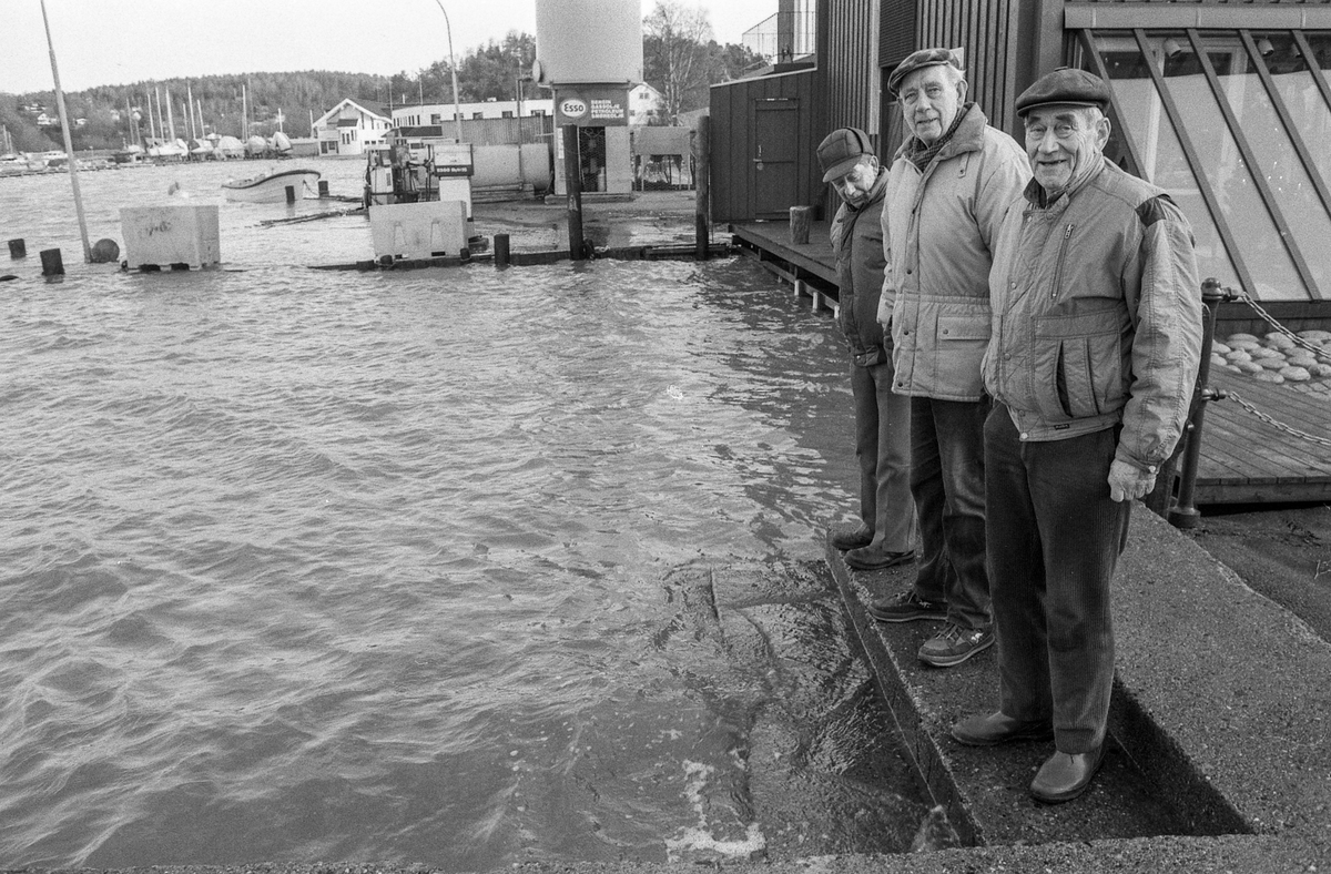 Flom ved marinaen i Son. Sjøen går opp til brygga og over trapper og gjerder. Tre menn ser på. Karlsen, Jacobsen og Hansen.