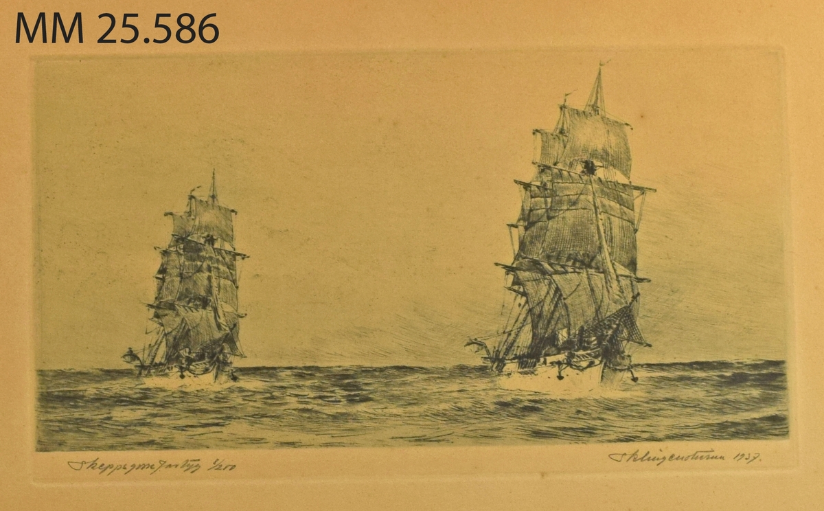 Tryck på gulnat papper. Motivet visar två fullriggade skeppsgossefartyg, varav ena sannolikt Jarramas.
