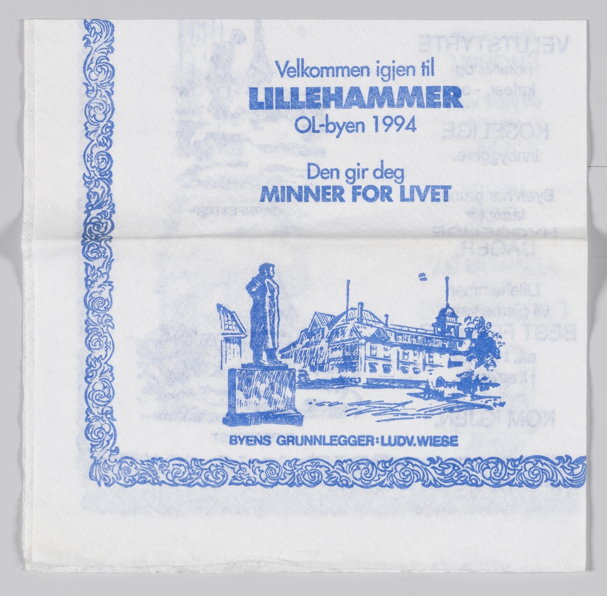 En tegning av en statue av Lillehammers grunnlegger og Storgaten, Maihaugen; "Tårnpetter" og Stortorget og beskrivelse og reklame for OL-byen Lillehammer.