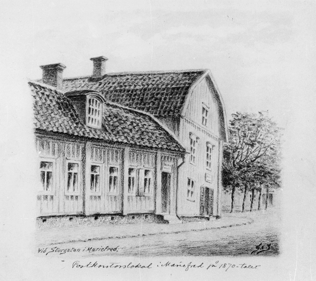 Storgatan i Mariefred, Södermanland. Postkontor på 1870-talet.