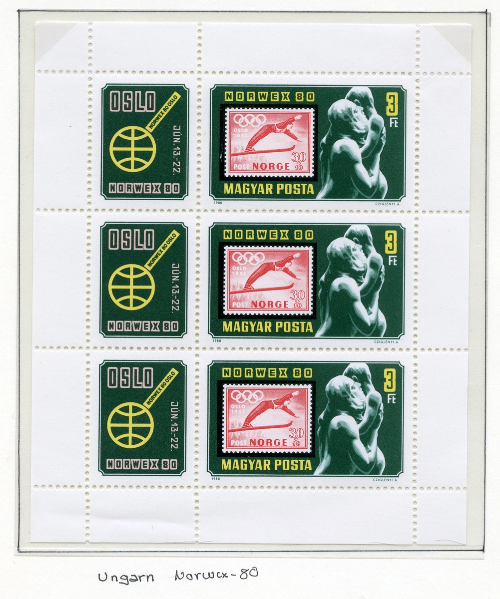A4-ark med et klistremerke som viser det olympiske flagget sammen med et SAS-flagg fra 1952.
Den nedre delen av arket har en blokk med 3 frimerker og 3 klistremerker. Frimerkene er ungarske og er produsert i forbindelse med frimerkeutstillingen Norwex i Oslo, 1980. Motivet et norsk olympisk frimerke (NK-nr. 408) fra 1952 på mørkegrønn bakgrunn, ved siden av en skulptur av en voksen person med et barn. Klistremerkene viser logoen for frimerkeutstillingen Norwex i 1980.