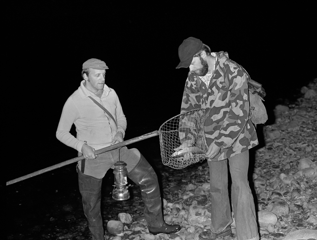 Nattfiske etter gytevandrende sik (Coregonus lavaretus) i Åkrestrømmen i Ytre Rendal i oktober 1975.  Fiskeren er i dette tilfellet Tor Strømsmoen, som stod ved elvebredden med ei lampe i den ene handa og en langskaftet håv med en sprellende sik i den andre.  Ved siden av stod broren Kjell Strømsmoen med den ene handa oppe i fangstposen på håven.  Kjell representerte i denne sammenhengen fiskeoppsynet.  Tor hadde vadere på beina for å kunne bevege seg fritt langs elvebredden, Kjell hadde kamuflasjejakke på seg.

I 1964 skrev journalisten Håvar Skrede (1932-1976) en artikkel om dette fisket, der han beskrev nattfisket slik: «Lyktefisket foregår på en annen måte enn dagfisket.  Om natten står ikke fiskerne rolig på samme sted.  De starter nederst, der hvor gangfisken går inn til bredden, og vasser mot strømmen med lykten blafrende i den ene hånden og håven parat i den andre.  Ofte er det så mange karer som foretrekker sik fremfor nattesøvn, at det dannner seg en lang kø på startstedet.  Fiskerne kan nemlig ikke vasse av gårde i hælene på hverandre.  Ny fisk må få tid til å komme på plass i rennen langs bredden, og avstanden mellom hver vassende lyktemann bør være 15-20 meter.  Enkelte ganger står over tredve karer klar med lykt og håv, og det kan gå lang tid mellom hver gang de slipper ut i strømmen.  Når de med mer eller mindre hell har fått prøve seg, rusler de nedover bredden igjen og inntar – tålmodig eller utålmodig – sin plass bakerst i køen.»  Da dette fotografiet ble tatt foregikk nattfisket fortsatt på samme måte.  Fiskerne hadde en bålplass som de samlet seg rundt mens de ventet på tur.  Fiskerne var avhengige av å se fisken før de slo håven ned i vannet.  Tor Strømsmoen forteller at det beste var å bruke karbidlamper, som gav en noe rødlig lys, som fisken ikke reagerte på.  Karbid var imidlertid vanskelig å få tak i, så i dette tilfellet brukte han ei Petromax-lampe med ei kvitglødende lampe.