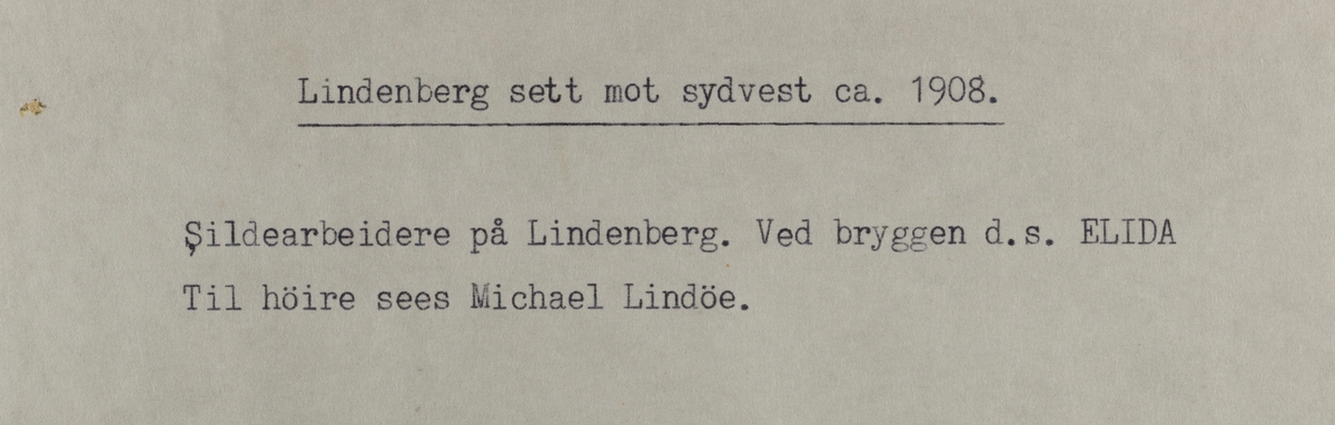 Gruppebilder - Lindenberg sett mot sydvest ca.1908. Sildearbeidere på Lindenberg. Ved bryggen d.s. Elida.