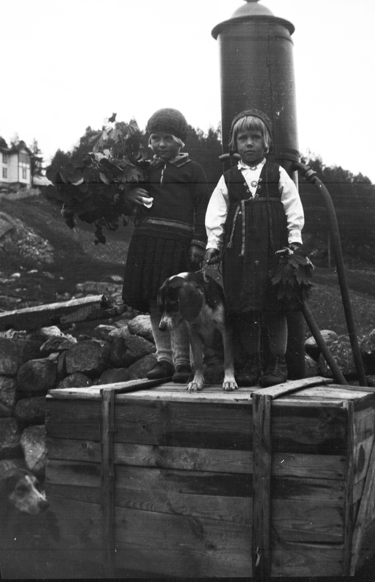 Fotoarkiv etter Aanund Olavson Edland. Portrett av Bjørg Haugane, Hilda Bratland og hund, ved en bensinpumpe.