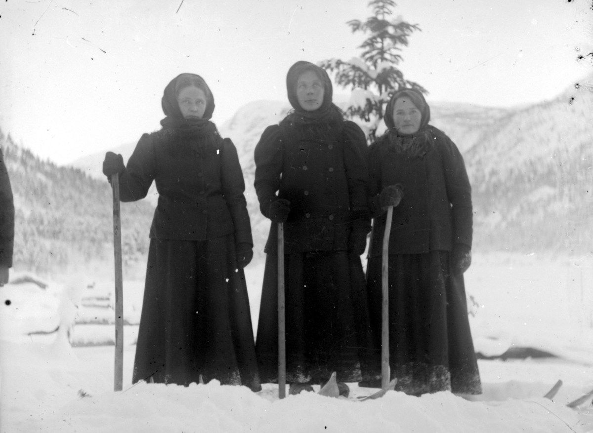 Fotoarkiv etter Aanund Olavson Edland. Utendørsportrett av tre kvinner på ski i vinterlandskap.