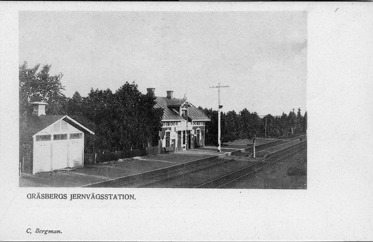 Järnvägsstationen i Gräsberg. Vid järnvägsspåret mellan Ludvika och Falun
Tidpunkten för denna bild bör vara före 1944 då spåret blev elektrifierat