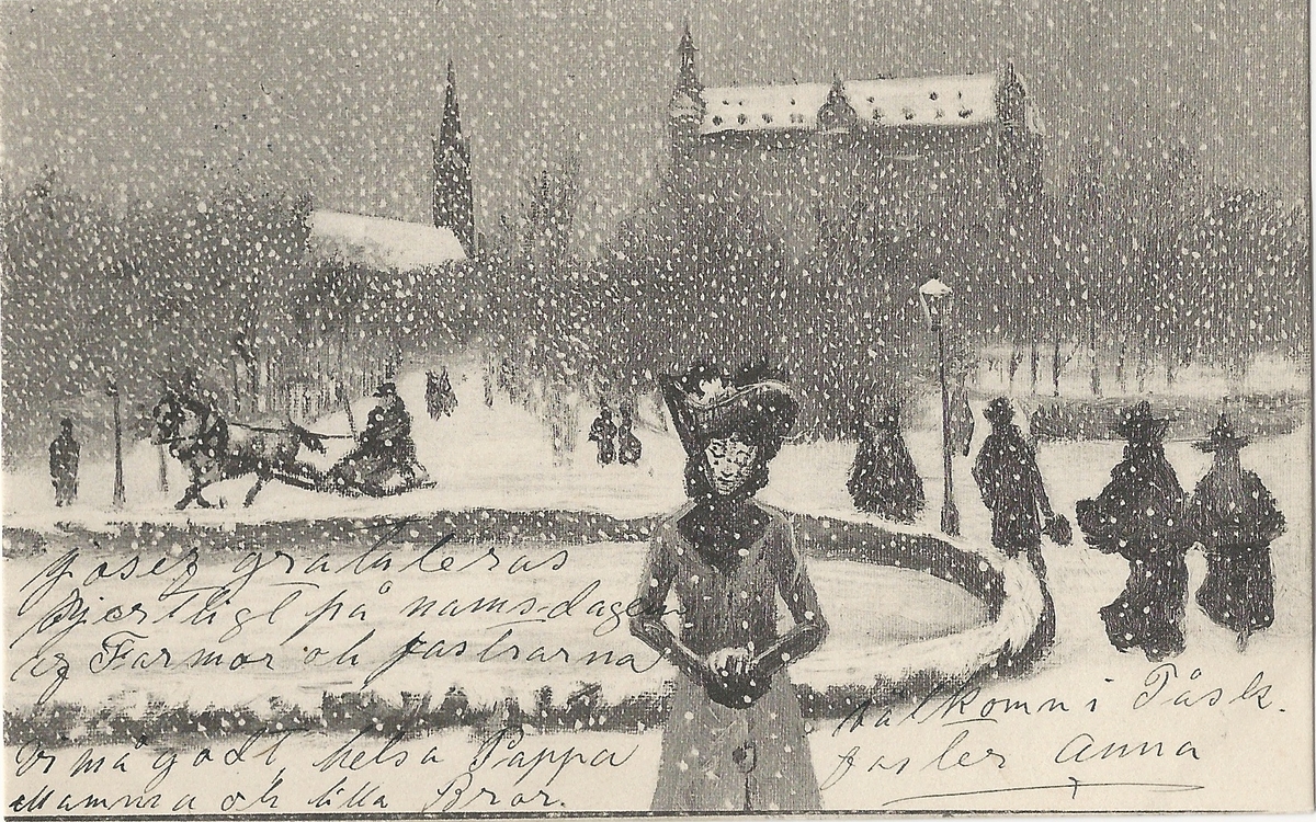 Vykort från  Linköping Järnvägsparken 
Järnvägsavenyn, Järnvägsparken, Domkyrkan, Miljonpalatset, julkort, vinter,
Poststämplat 19 mars 1904