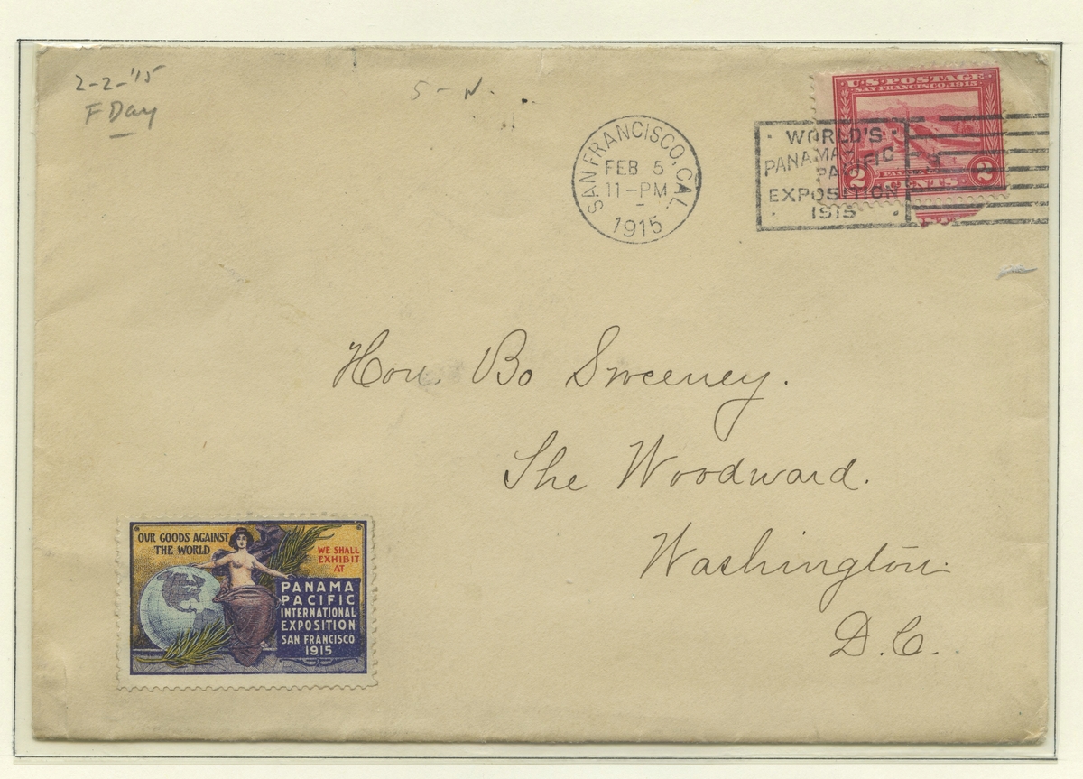 To postkort, ett som er frankert med et grønt frimerke med portrett av Balboa, spansk oppdagelsesreisende og det andre postkortet er frankert med et rødt frimerke som viser Panamakanalen, og har klistremerke nederst i venstre hjørne som viser en kvinne med en globus ved siden av seg, og en kvist.