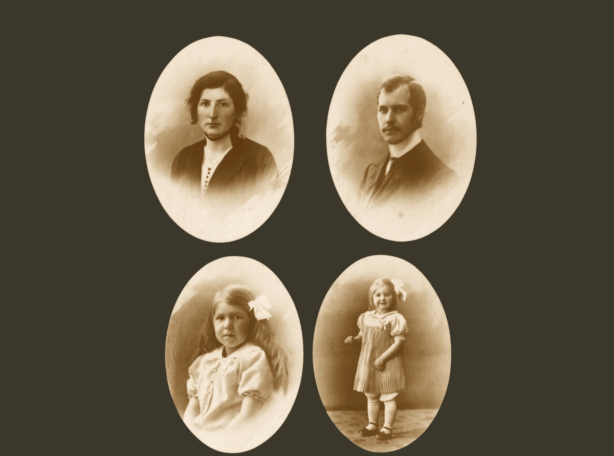 Side 14 i Anton Sophus og Barbara Bachkes familiealbum. Øverst, til høyre mot venstre: Knut Halvar Anker Bachke (1880-1913) og Olga Sofie Hagen (1884-1937). Barna deres, nede fra venstre: Marie (Mi) Bachke (1910-2005) og Barbara Annette Karen Anker Bachke (1913-1992).